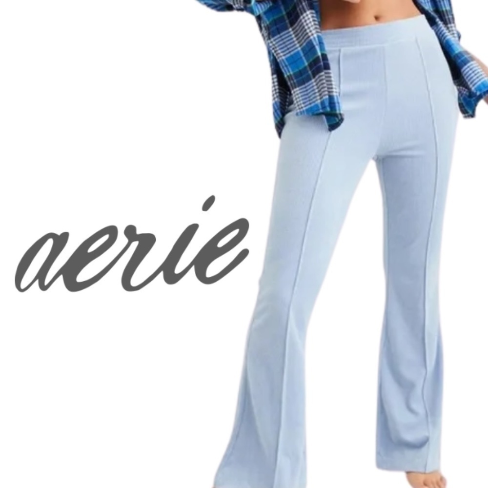 Aerie Groove-On Rib Velour Flare Pant - Baby Blue - Size Large